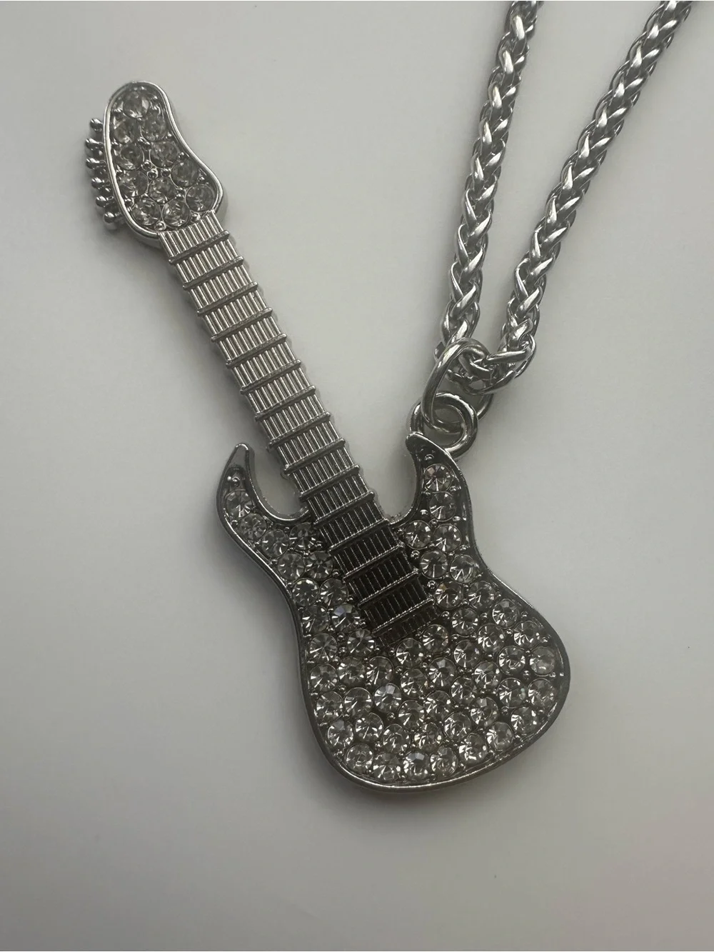 White gold filled Guitar Pendant Necklace with CZ- Men's Accessory
